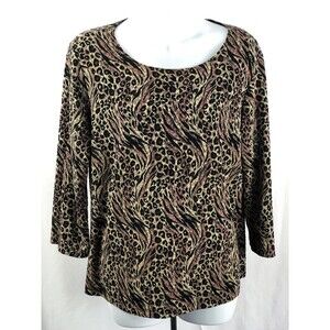 Vintage Pullover Top L Black/Gold Leopard 3/4 Sleeves Scoop Neck Stretch Y2K 90s